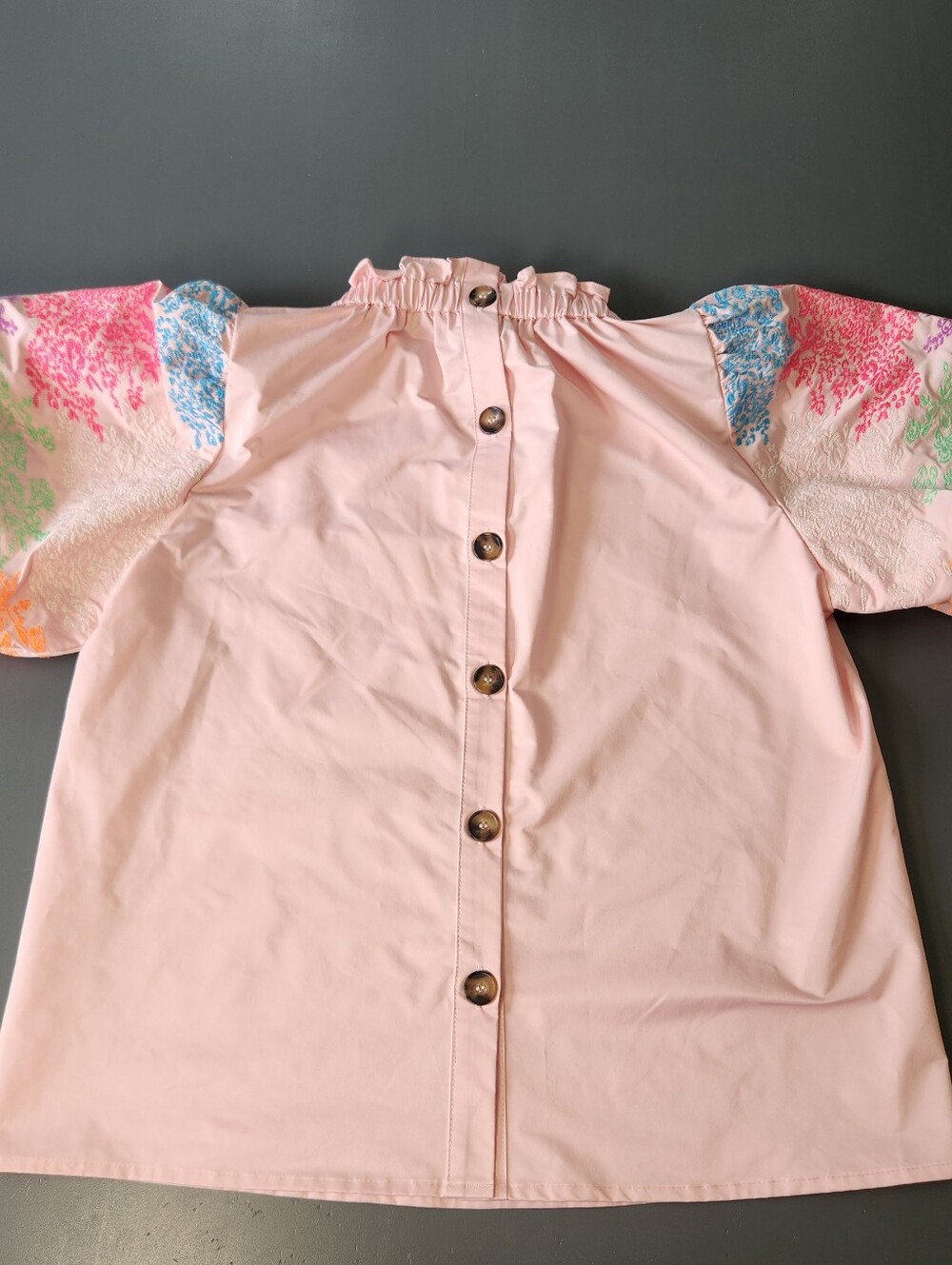 THML Pink Embroidered Puff Sleeve Button Back Blouse Large Ruffled Neck Festival - Picture 5 of 11